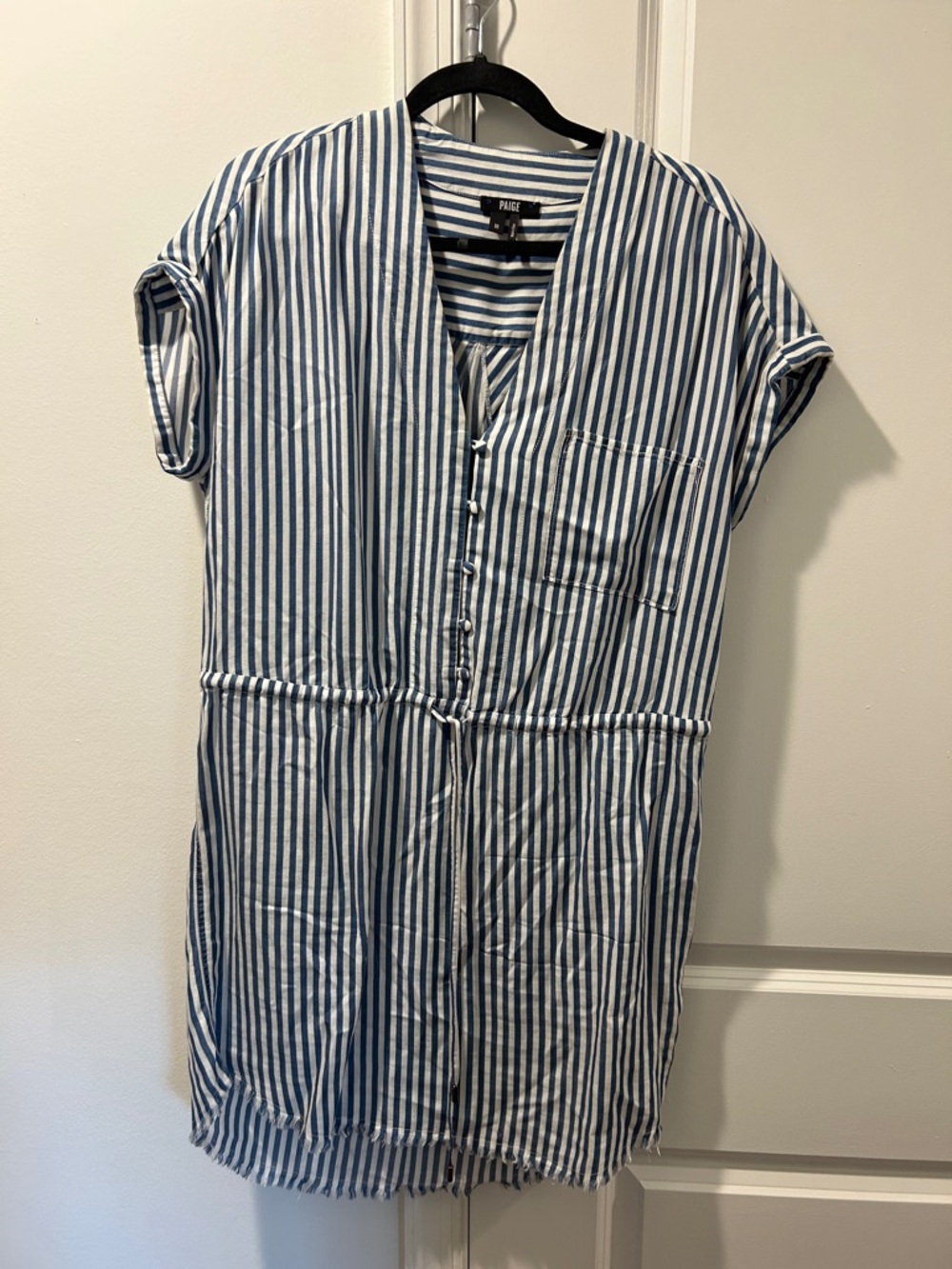 PAIGE Navy and White Vertical Stripe Short Sleeve Button Dress